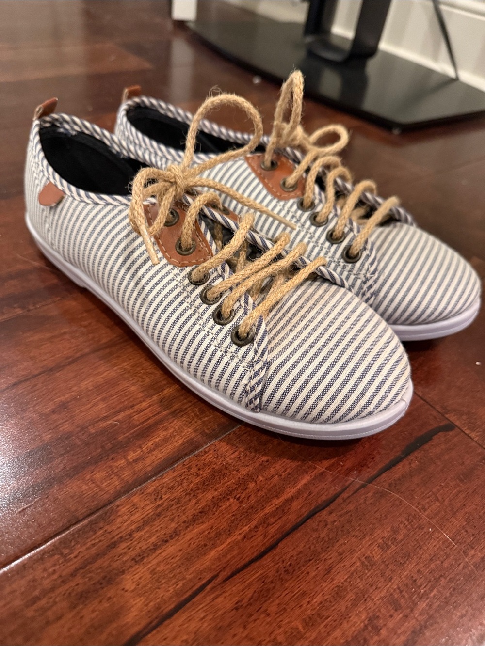 Striped Canvas Lace-Up Sneakers in Navy and White